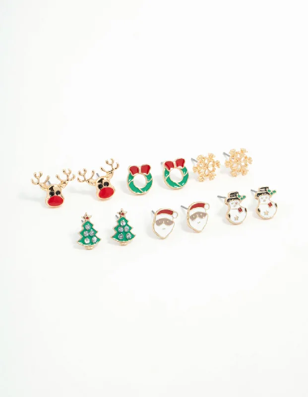 Stud Earrings for Wellness Routine -Kids Snowman & Reindeer Stud Earrings 6-Pack