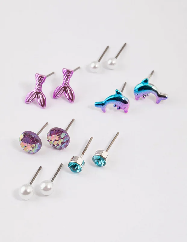 Stud Earrings for Yoga Session -Kids Silver Dolphin Stud Earrings 6-Pack