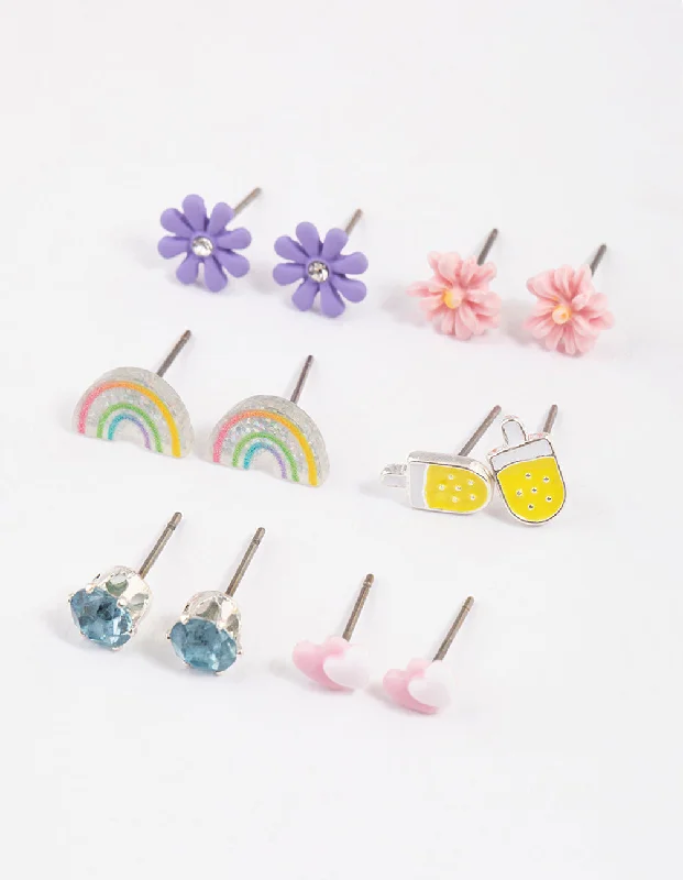 Stud Earrings for Concert Look -Kids Silver Rainbow Ice Cream Stud Earrings 6-Pack