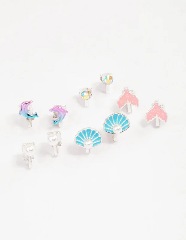 Stud Earrings for Beach Outfit -Kids Blue Sea Clip On Stud Earrings 6-Pack