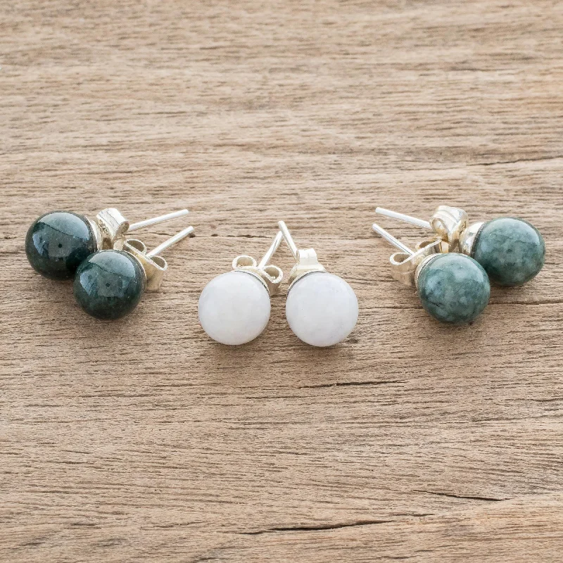 Stud Earrings for Office Wear -Maya Moons Handmade Sterling Silver Jade Stud Earrings (Set of 3)