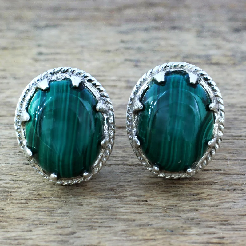 Stud Earrings for Formal Attire -Morning Forest Malachite Silver Stud Earrings