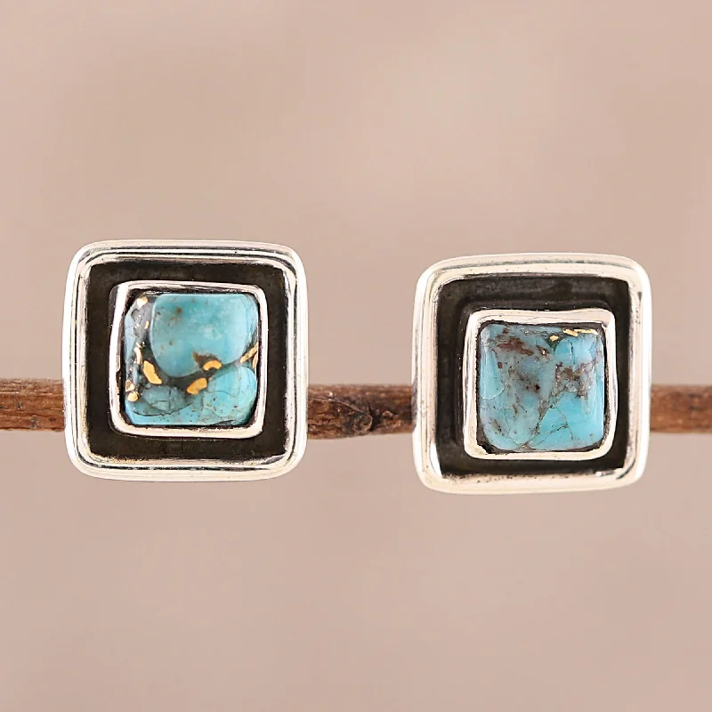 Stud Earrings for Travel Look -Mystic Frame Square Sterling Silver and Composite Turquoise Stud Earrings