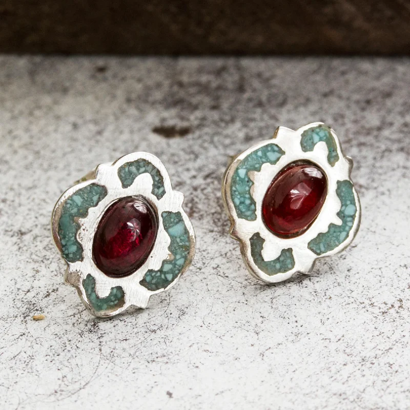 Crystal Stud Earrings for Sparkle -Nocturnal Gala Garnet and Recon. Turquoise Stud Earrings from Mexico