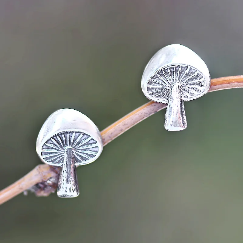 Gold Stud Earrings for Women -NOVICA  Mushroom-Shaped Sterling Silver Stud Earrings from Bali, 'Gleaming Mushrooms'