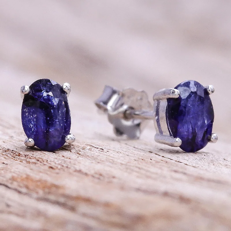 Large Stud Earrings for Statement -Oceanic Marvel Oval Sapphire Stud Earrings from Thailand