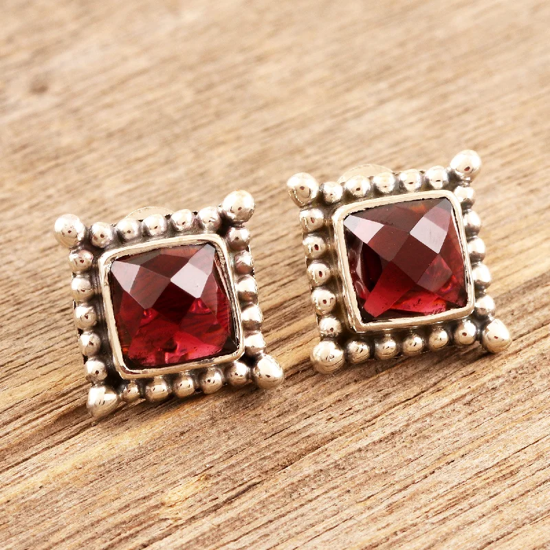 Stud Earrings with Rhinestones -Picture Perfect in Red Checkerboard Faceted Garnet Sterling Silver Stud Earrings