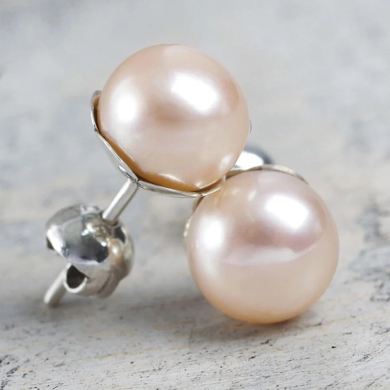 Geometric Stud Earrings for Trend -Pink Nascent Flower Pink Cultured Pearl Handcrafted Stud Earrings from Peru