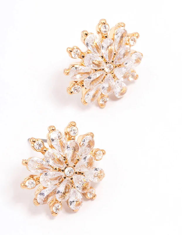 Stud Earrings for Beach Outfit -Gold Plated Large Round Floral Stud Earrings