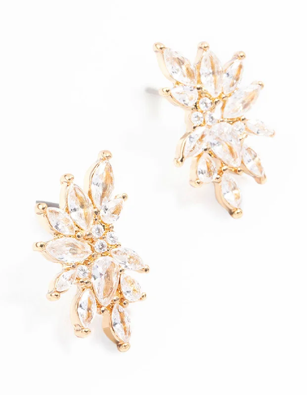 Stud Earrings for Evening Gown -Gold Plated Marquise Fan Leaf Stud Earrings