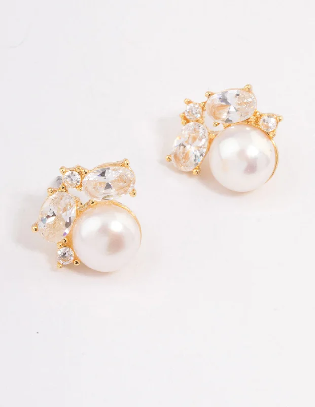 Gold Stud Earrings for Women -Gold Plated Cubic Zirconia Freshwater Pearl Stud Earrings