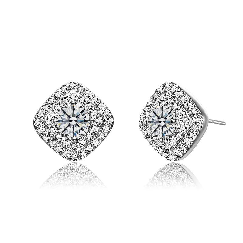 Stud Earrings for Wellness Routine -Ra Cubic Zirconia Pave Square Shape Stud Earrings - Rhodium Plated