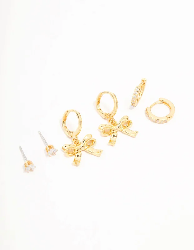 Stud Earrings with Matte Finish -Real Gold Plated Bow Drop & Cubic Zirconia Huggie & Stud Earrings 3-Pack