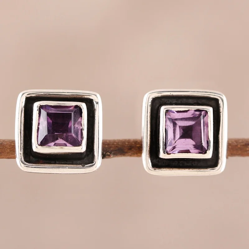 Stud Earrings for Fitness Activities -Regal Frame Square Amethyst Stud Earrings from India