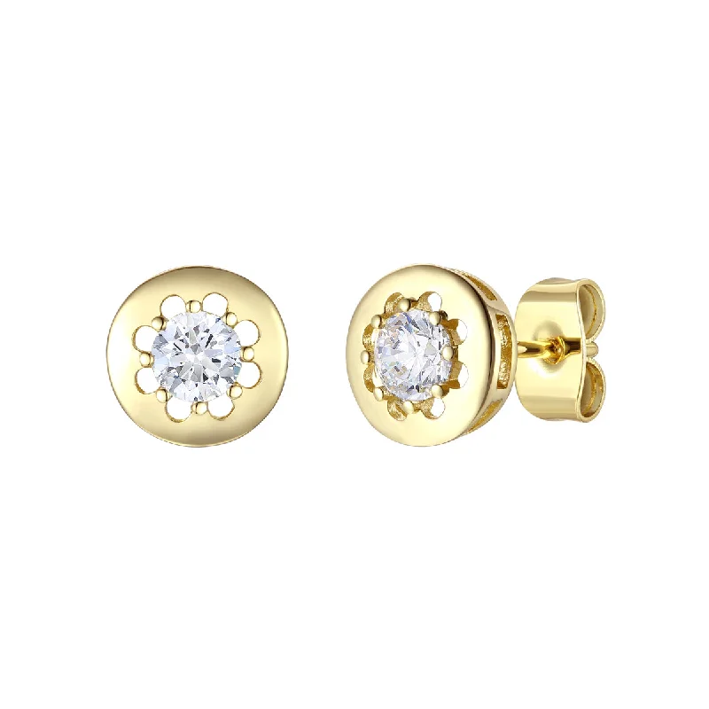 Silver Stud Earrings for Men -Rg 14k Gold Plated with Diamond Cubic Zirconia Round Modern Bezel Stud Earrings