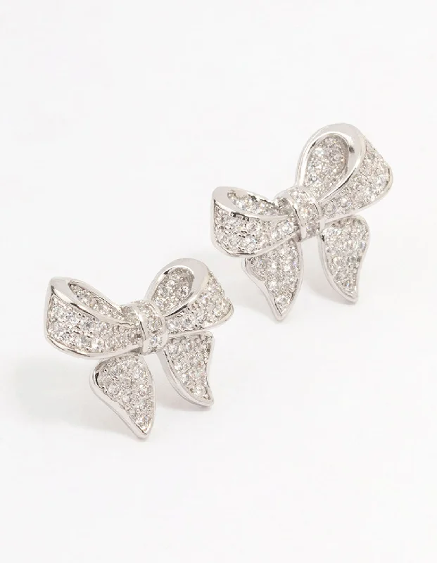 Stud Earrings for Birthday Celebration -Rhodium Cubic Zirconia Small Bow Stud Earrings