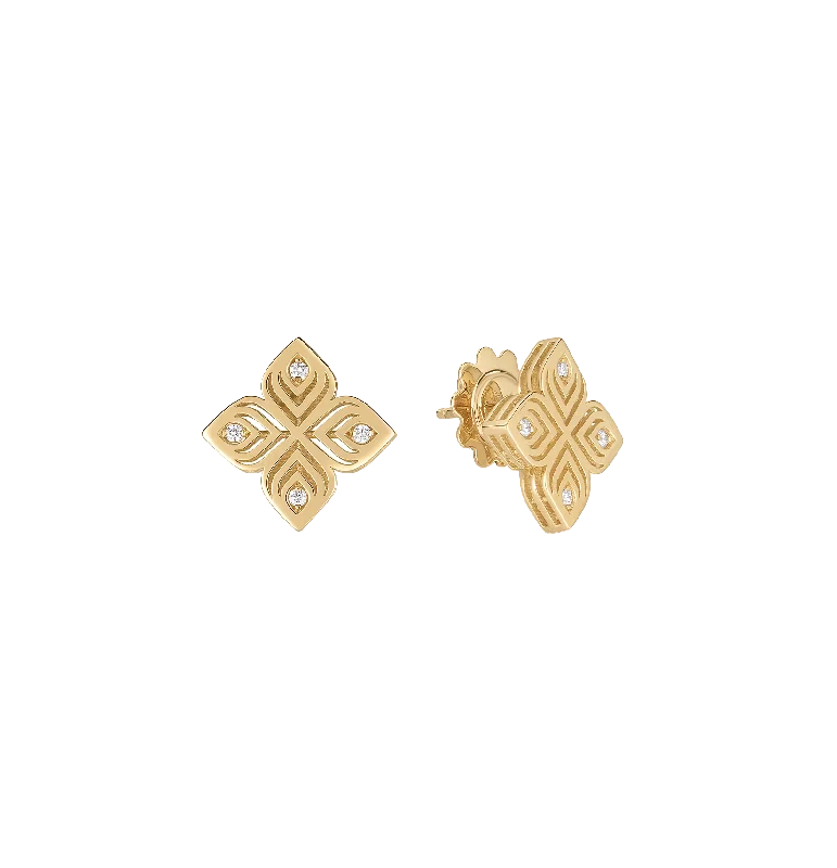 Retro Stud Earrings for Nostalgia -Roberto Coin Arabesque Yellow Gold Diamond Flower Stud Earrings