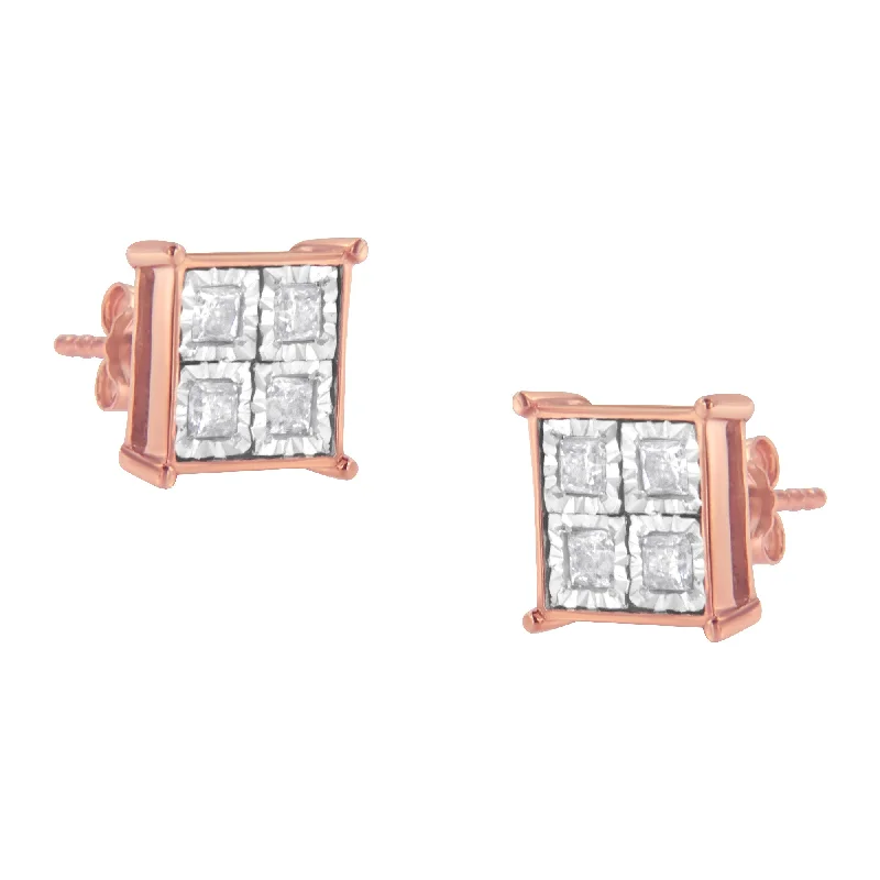 Stud Earrings with Textured Surface -Rose Gold Plated Sterling Silver Diamond Composite Stud Earrings