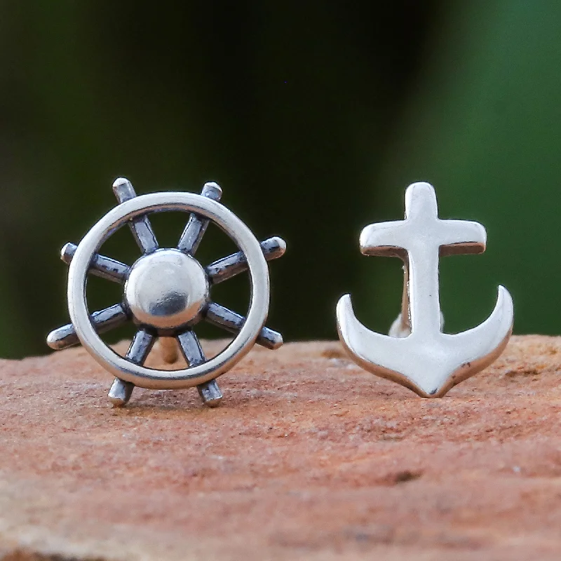 Oval Stud Earrings for Grace -Setting Sail 925 Silver Nautical Stud Earrings Handcrafted in Thailand