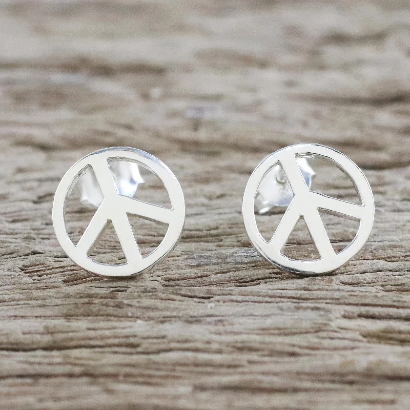 Floral Stud Earrings with Petals -Sign of Peace Handcrafted Sterling Silver Stud Earrings with Peace Sign