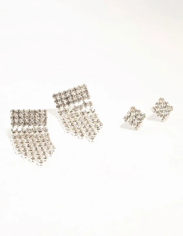 Detachable Stud Earrings with Charms -Silver Diamante Square Cup Chain Stud Earrings 2-Pack