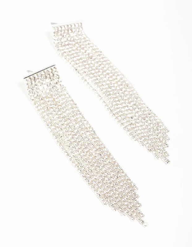 Stud Earrings for Valentine's Day -Silver Plated Cupchain Diamante Fringe Stud Earrings