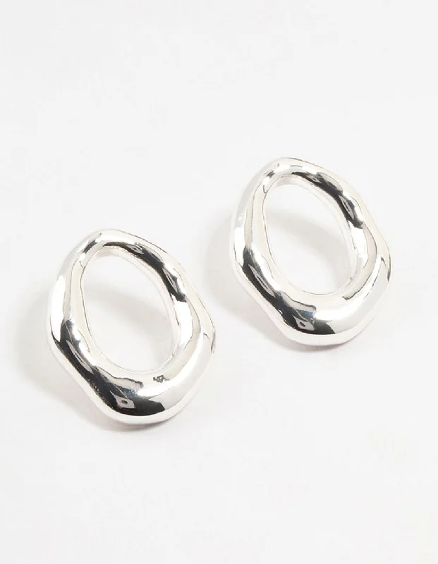 Clip On Stud Earrings for Non Pierced -Silver Plated Molten Open Circle Stud Earrings