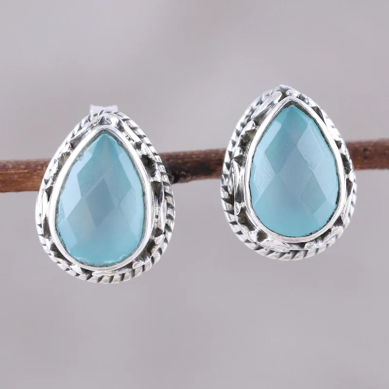 Stud Earrings for Work Attire -Sky Mist Sky Blue Chalcedony Teardrop Stud Earrings from India