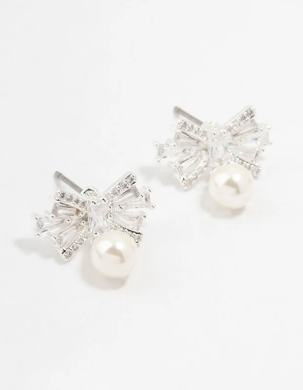 Stud Earrings for Shopping Trip -Small Cubic Zirconia Bow & Pearl Silver Stud Earrings