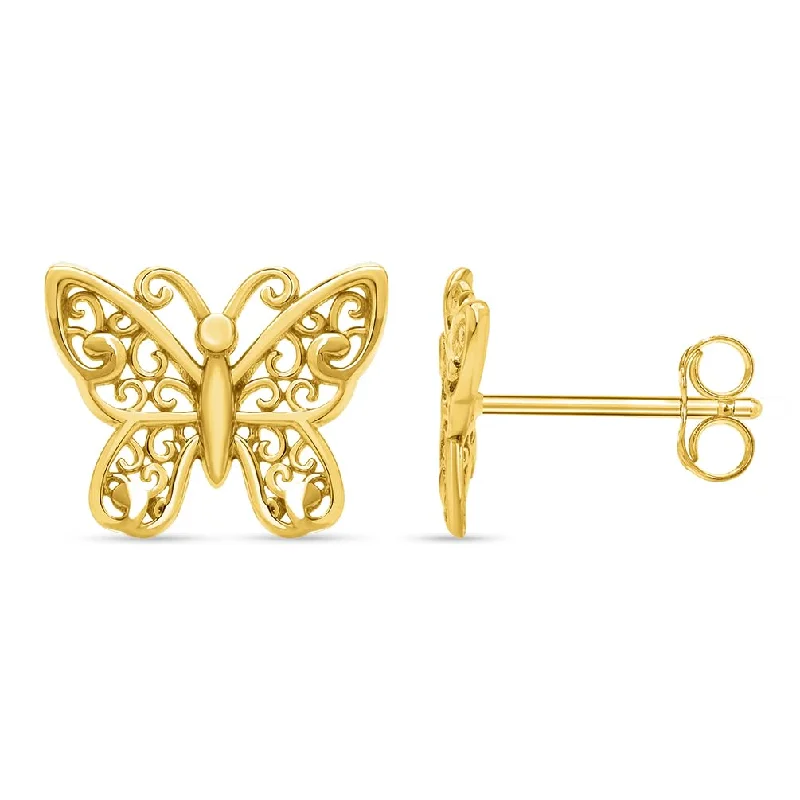 Stud Earrings with Enamel -Solid 14k Yellow Gold Filigree Butterfly Stud Earrings with Push Back