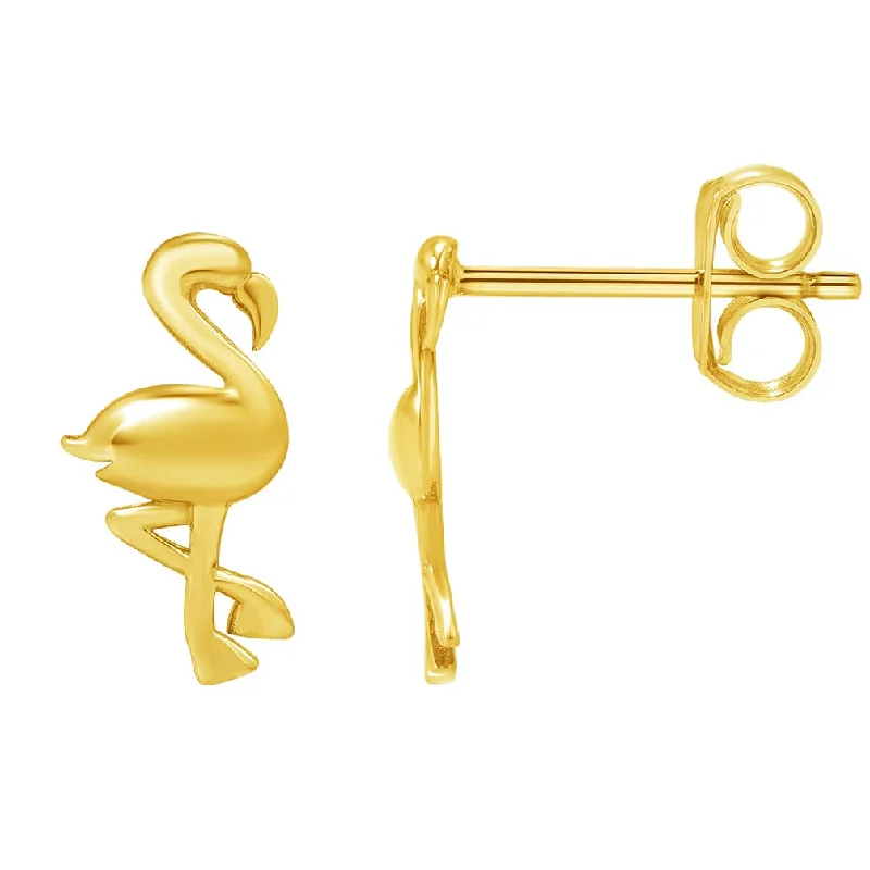 Stud Earrings with Pearls and Diamonds -Solid 14k Yellow Gold Flamingo Stud Earrings with Push Back