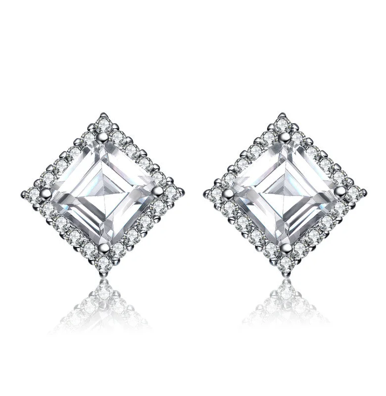 Stud Earrings with Debossed Designs -Square Stud Earrings with Colored Cubic Zirconia