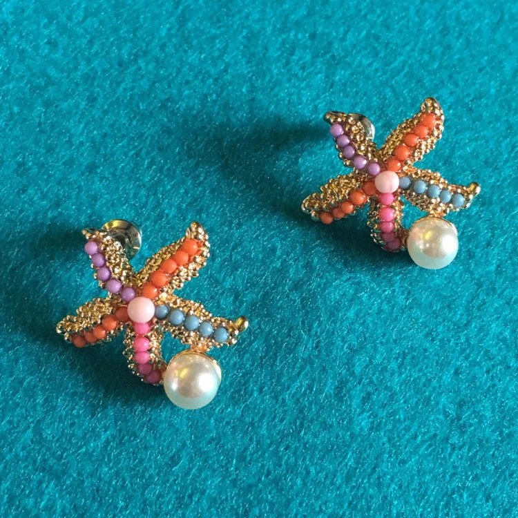 Stud Earrings with Keyhole Designs -Starfish stud earrings multi coloured or pearl