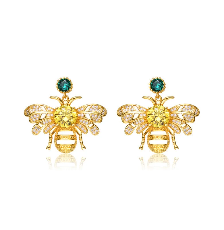 Ethnic Stud Earrings with Tribal Design -Sterling Silver 14K Gold Plated with Emerald Green Cubic Zirconia Bee Stud Earrings