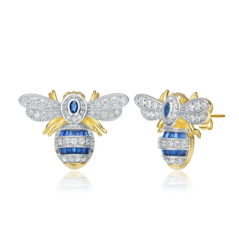 Stud Earrings with Filigree -Sterling Silver 14k Gold Plated with Sapphire Blue Cubic Zirconia Wasp Stud Earrings