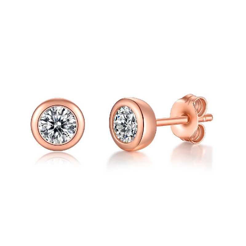 Stud Earrings for Festival Style -Sterling Silver 18k Rose Gold Plated with 1ct Lab Created Moissanite Round Bezel Solitaire Stud Earrings