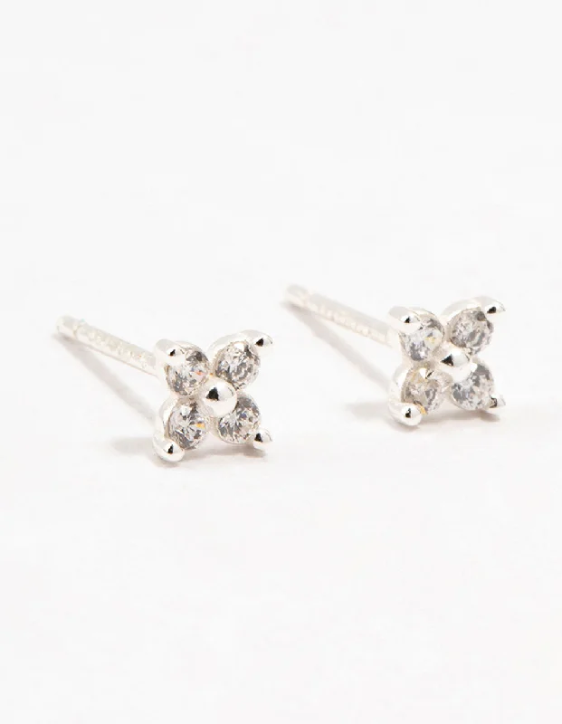 Stud Earrings with Chevron Designs -Sterling Silver Cubic Zirconia Micro Flower Stud Earrings