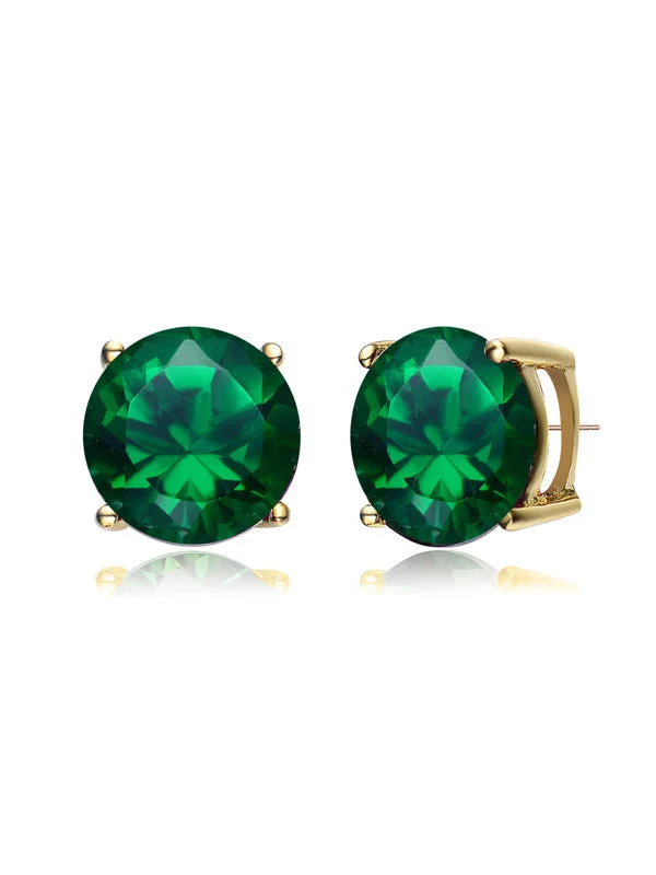 Stud Earrings for Yoga Session -Sterling Silver Gold Plated Emerald Cubic Zirconia Solitaire Stud Earrings