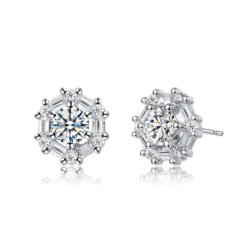 Stud Earrings with Crown Designs -Sterling Silver Rhodium Plated With Round Baguette Cubic Zirconia Stud Earrings