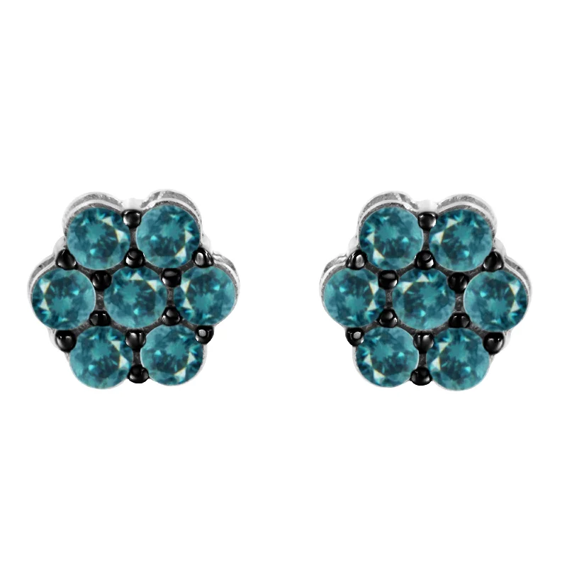 Stud Earrings with Keyhole Designs -Sterling Silver Treated Blue Diamond Floral Stud Earrings