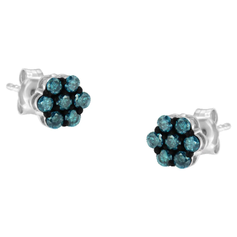 Contemporary Stud Earrings for Fashion -Sterling Silver Treated Blue Diamond Floral Stud Earrings