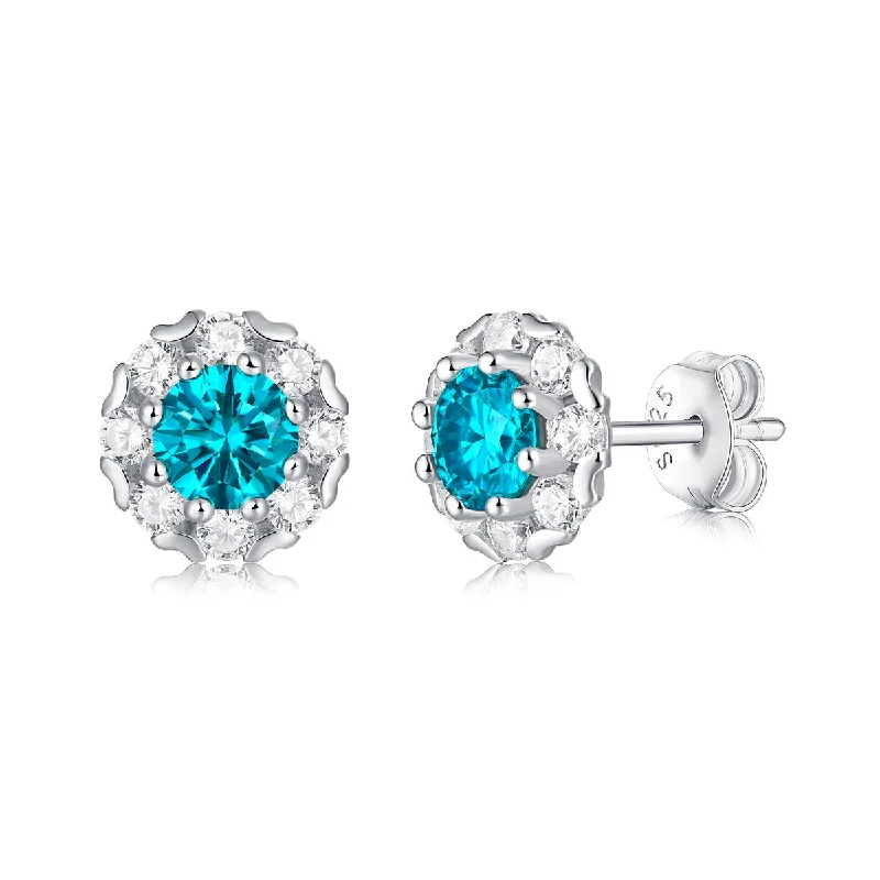 Stud Earrings for Concert Look -Sterling Silver with 0.50ctw Lab Created Moissanite & Blue Topaz Round Halo Stud Earrings