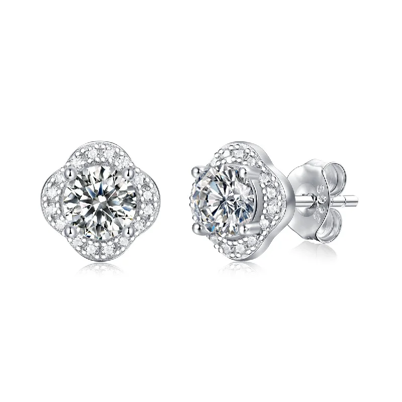 Stud Earrings for Work Attire -Sterling Silver with 0.50ctw Lab Created Moissanite Round Halo Floral Cluster Stud Earrings