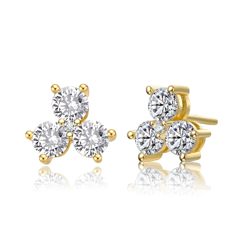 Stud Earrings with Floral Motifs -Sterling Silver With 14k Gold Plated Round Cubic Zirconia Clover Stud Earrings