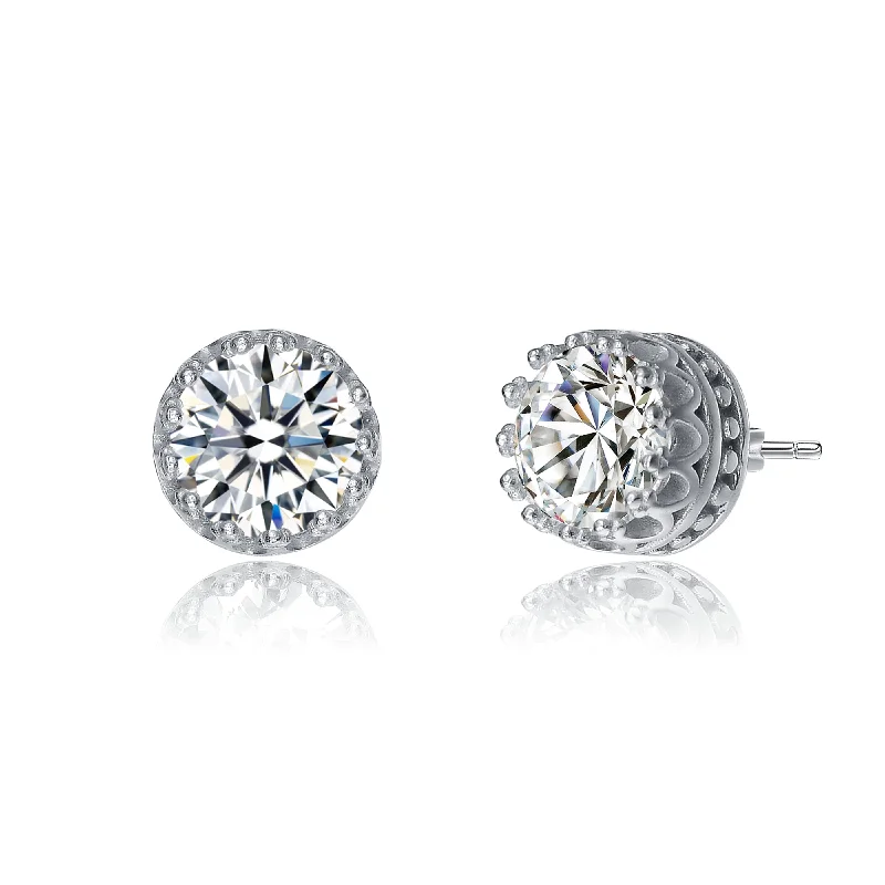 Stud Earrings for Fitness Activities -Sterling Silver with 2.40ctw Lab Created Moissanite Solitaire Princess Queen Crown Stud Earrings