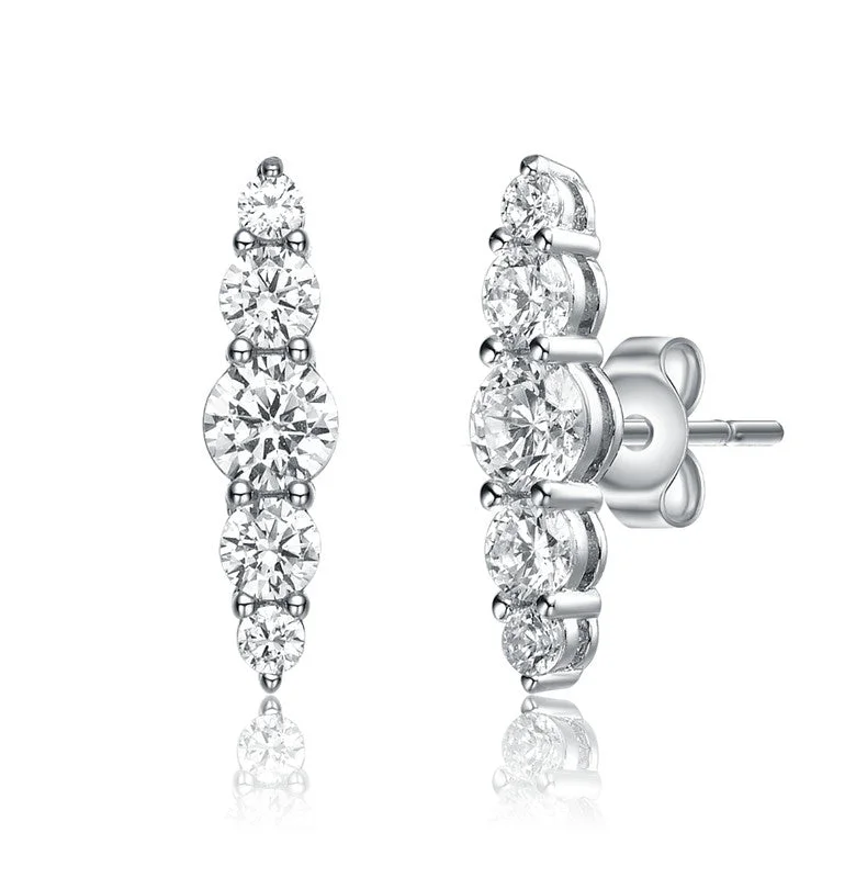 Lightweight Stud Earrings for All Day -Sterling Silver with Clear Cubic Zirconia 5-Stone Linear Journey Stud Earrings