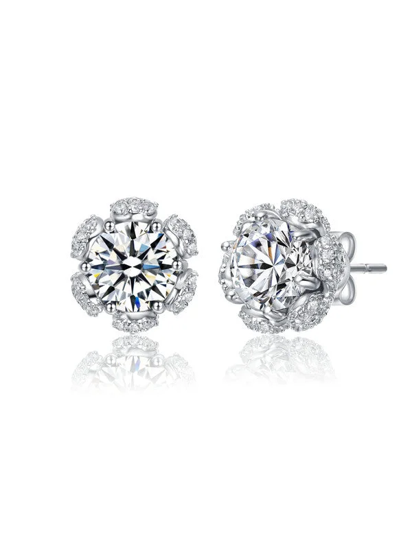 Stud Earrings with Embossed Patterns -Sterling Silver with Clear Cubic Zirconia Flower Halo Stud Earrings