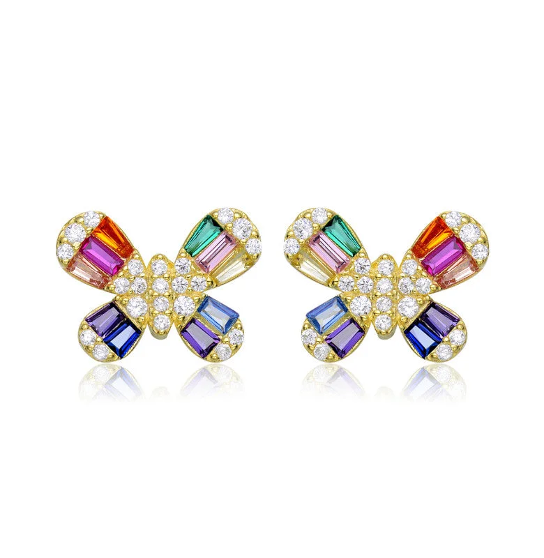 Stud Earrings with Chevron Designs -Sterling Silver with Colored Baguette Cubic Zirconia Butterfly Stud Earrings