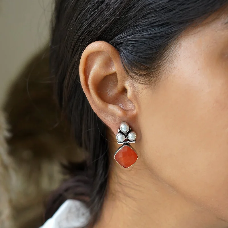 Crystal Stud Earrings for Sparkle -Teejh Delisha Orange Stone Silver Oxidised  Stud Earrings