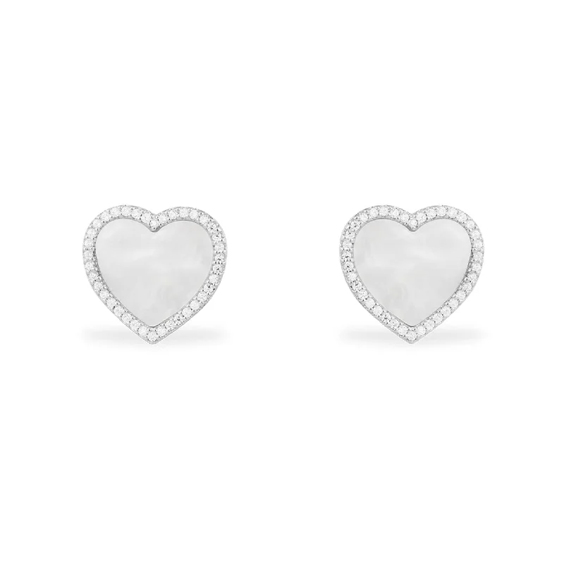 Hippie Stud Earrings with Beads -White Nacre Heart Stud Earrings - silver